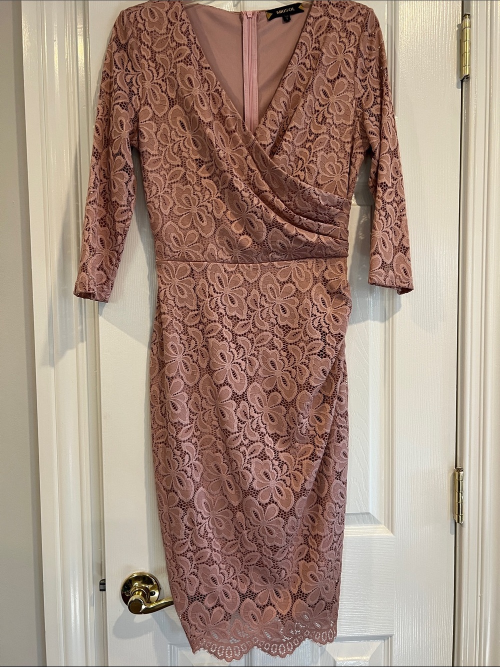 Rose Pink Lace Wrap-Front Midi Dress